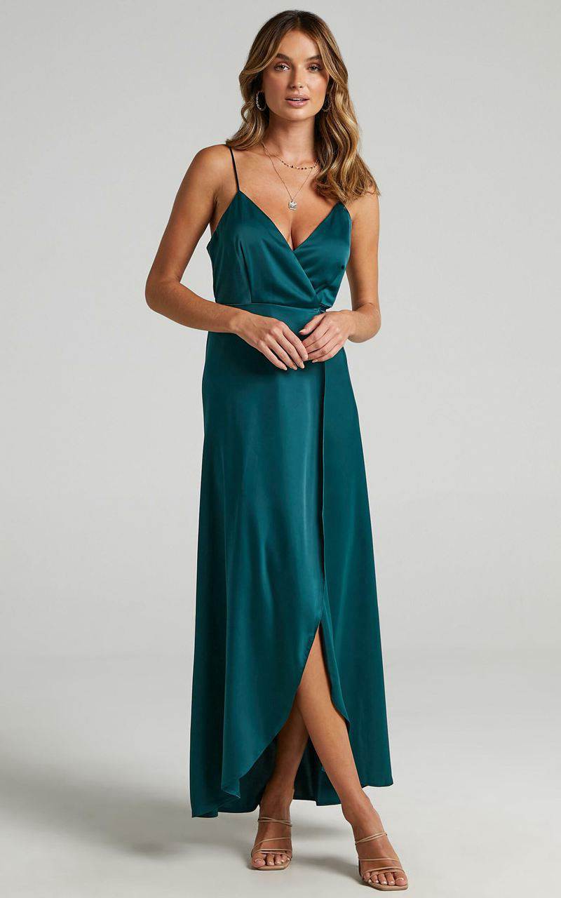 Showpo Mine Would Be You Midi Dress - Wrap Dress Emerald Satin | ZMVCAJ506