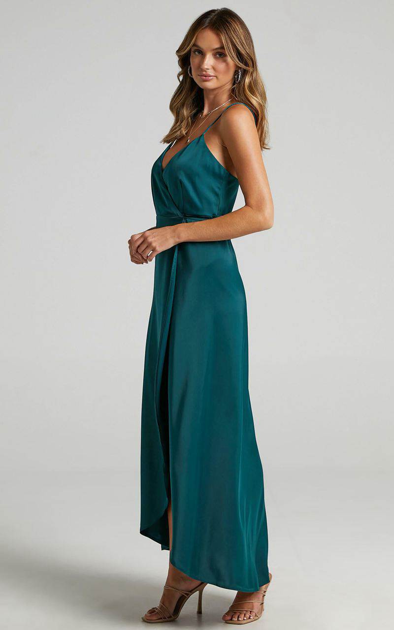 Showpo Mine Would Be You Midi Dress - Wrap Dress Emerald Satin | ZMVCAJ506