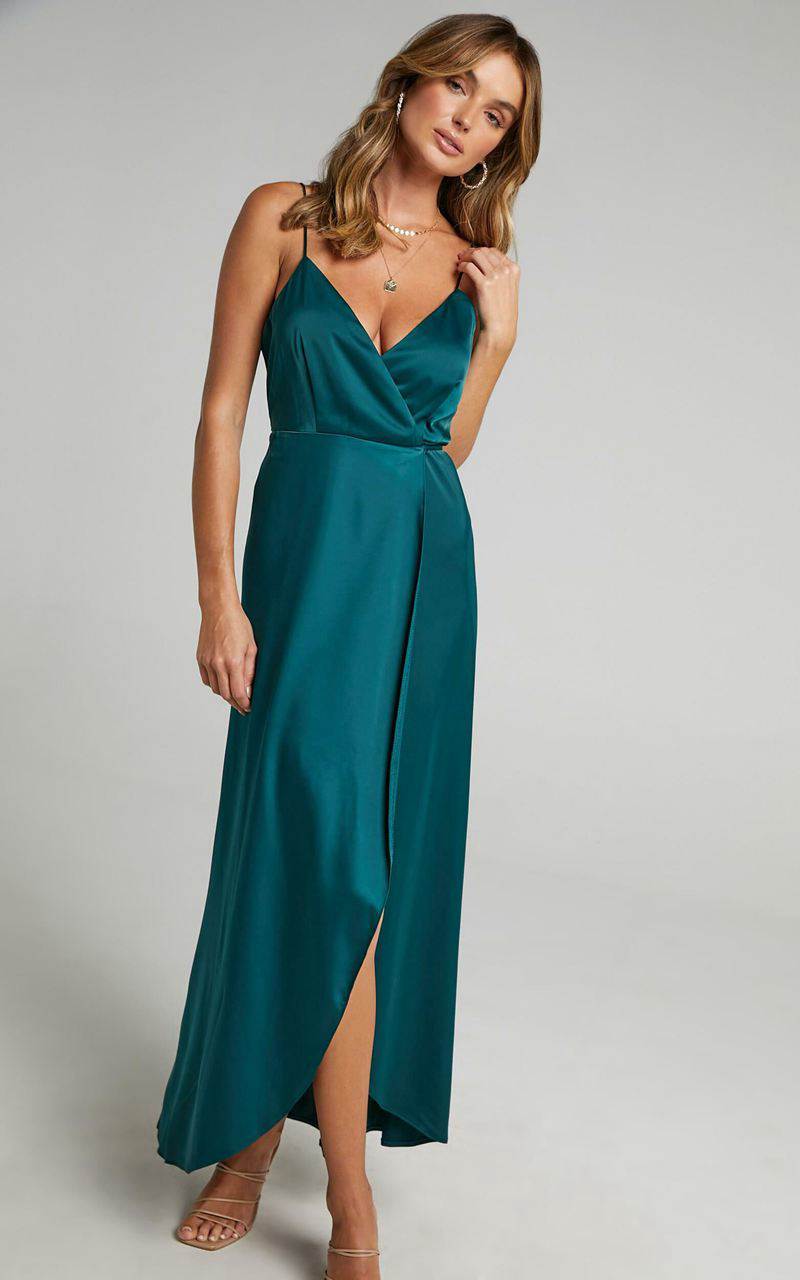 Showpo Mine Would Be You Midi Dress - Wrap Dress Emerald Satin | ZMVCAJ506