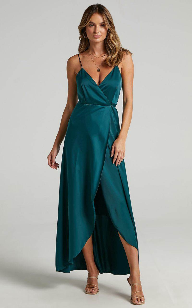 Showpo Mine Would Be You Midi Dress - Wrap Dress Emerald Satin | ZMVCAJ506