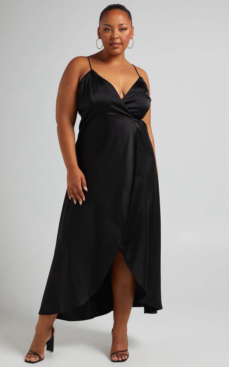 Showpo Mine Would Be You Midi Dress - Wrap Dress Black Satin | WKNRJY876