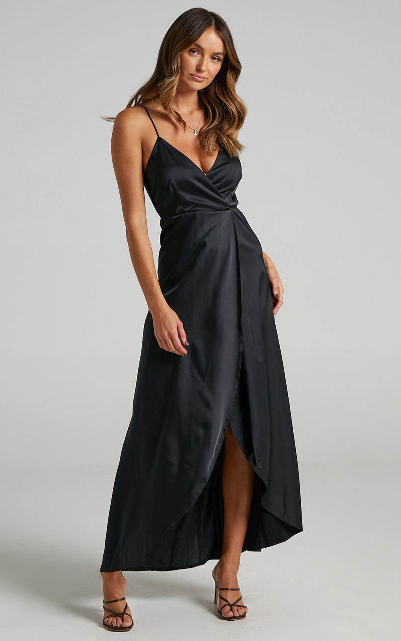 Showpo Mine Would Be You Midi Dress - Wrap Dress Black Satin | WKNRJY876