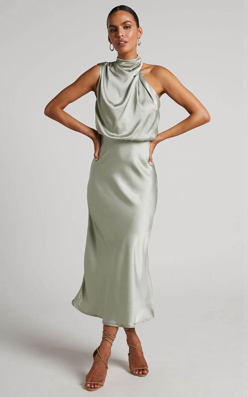 Showpo Minnie Midi Dress - Drape Neck Satin Slip Dress Sage | CMOULI593