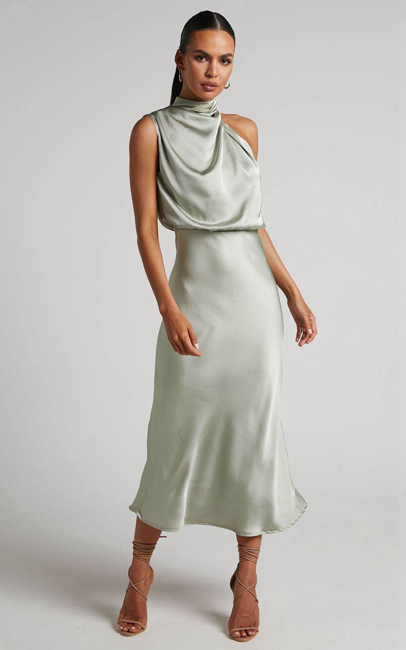 Showpo Minnie Midi Dress - Drape Neck Satin Slip Dress Sage | CMOULI593