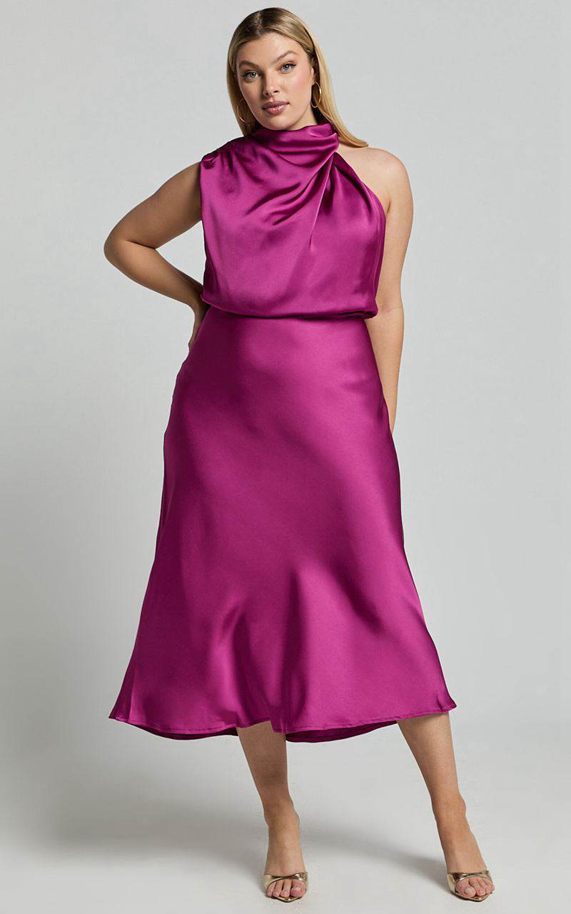 Showpo Minnie Midi Dress - Drape Neck Satin Slip Dress Purple | IPNAYE607