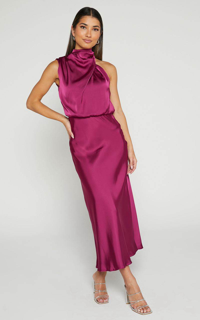 Showpo Minnie Midi Dress - Drape Neck Satin Slip Dress Purple | IPNAYE607