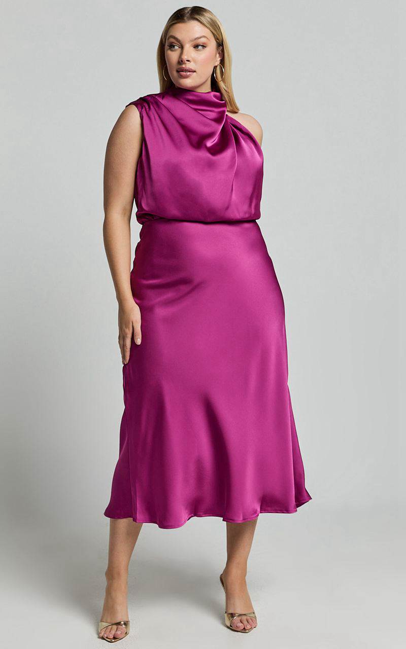 Showpo Minnie Midi Dress - Drape Neck Satin Slip Dress Purple | IPNAYE607