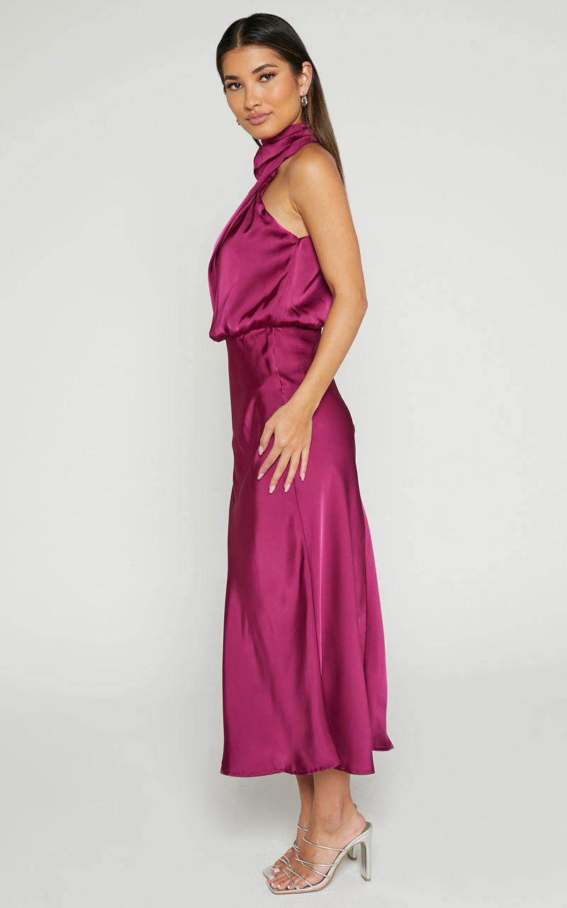 Showpo Minnie Midi Dress - Drape Neck Satin Slip Dress Purple | IPNAYE607