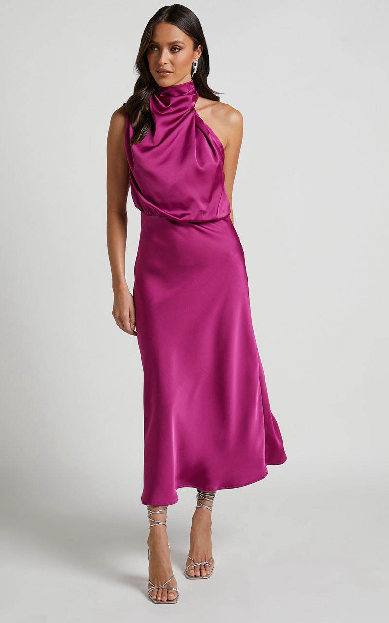 Showpo Minnie Midi Dress - Drape Neck Satin Slip Dress Purple | IPNAYE607