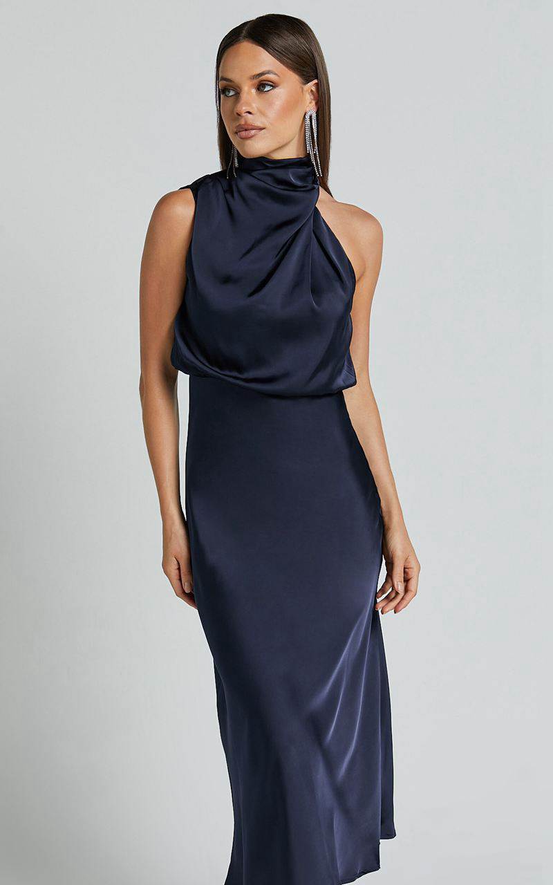 Showpo Minnie Midi Dress - Drape Neck Satin Slip Dress Midnight Blue | KFNCXB670