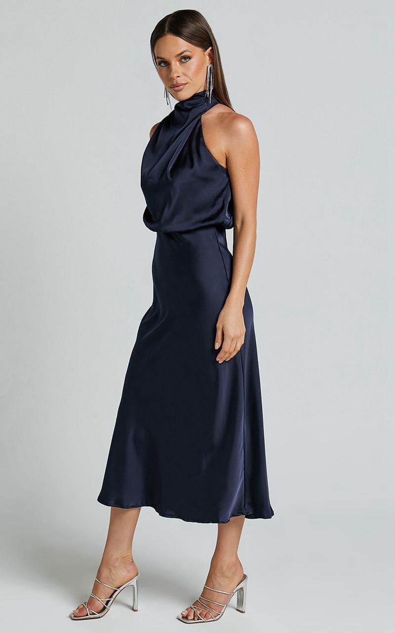 Showpo Minnie Midi Dress - Drape Neck Satin Slip Dress Midnight Blue | KFNCXB670