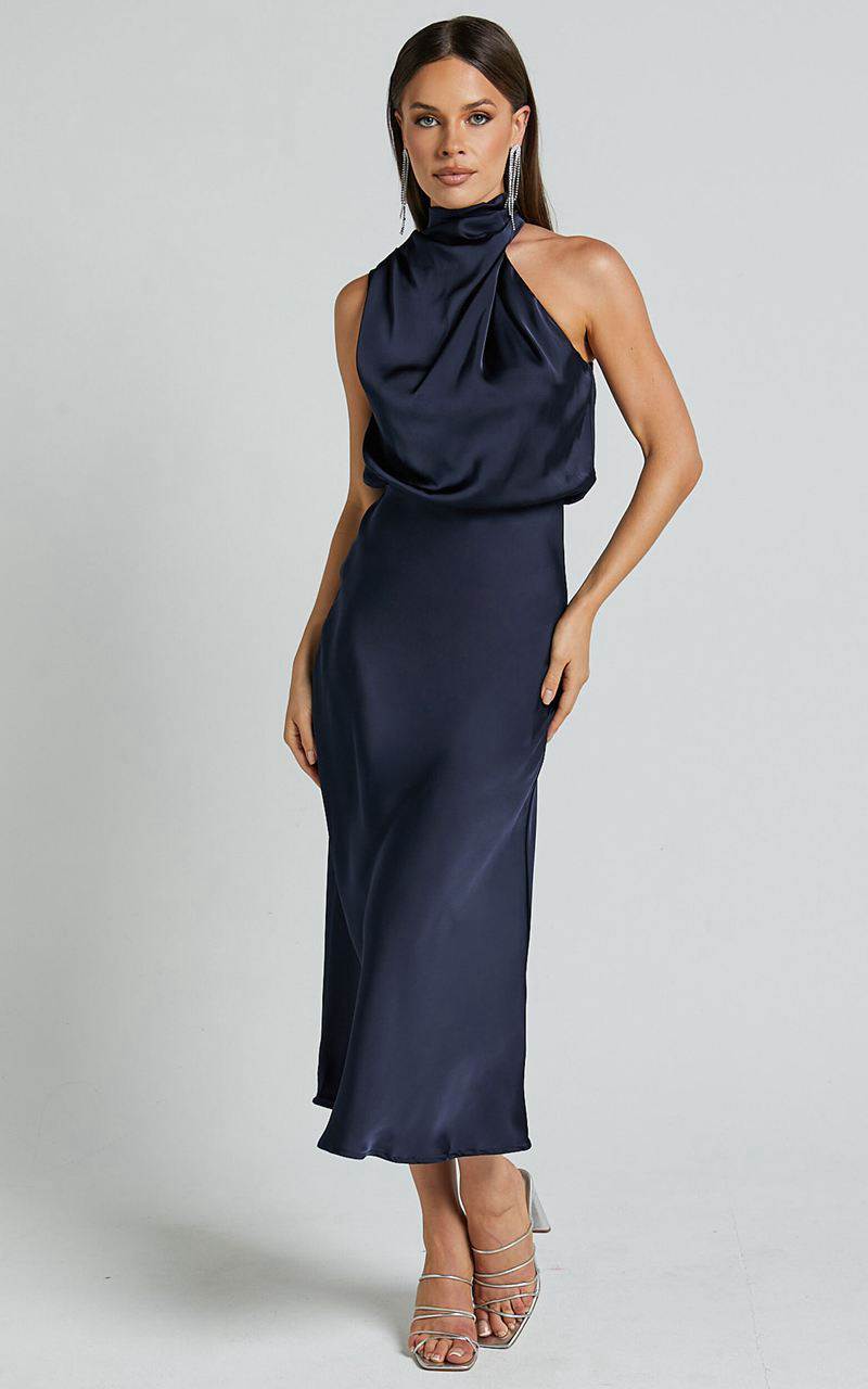 Showpo Minnie Midi Dress - Drape Neck Satin Slip Dress Midnight Blue | KFNCXB670