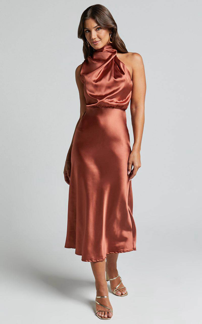 Showpo Minnie Midi Dress - Drape Neck Satin Slip Dress Copper | TSAMUJ513