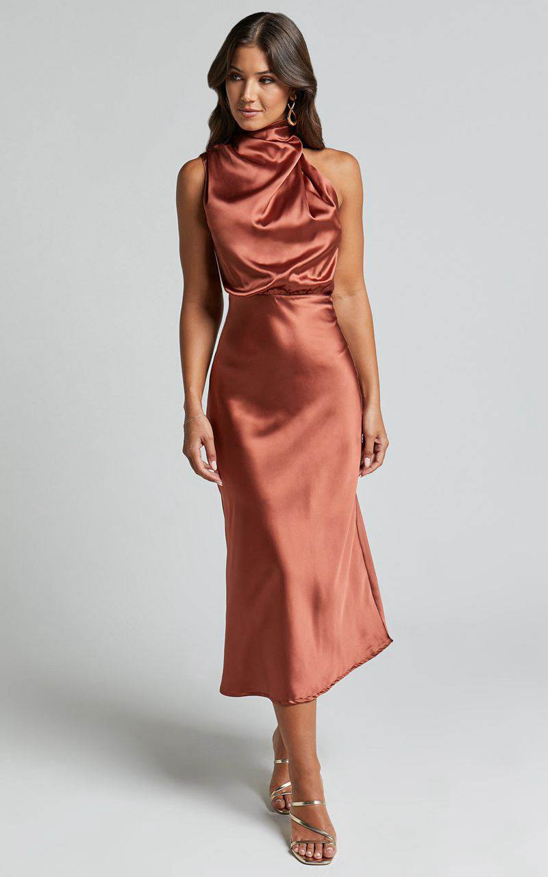 Showpo Minnie Midi Dress - Drape Neck Satin Slip Dress Copper | TSAMUJ513