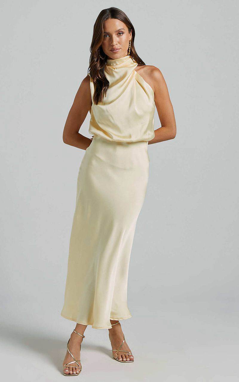 Showpo Minnie Midi Dress - Drape Neck Satin Slip Dress Butter Yellow | DUGSYC851