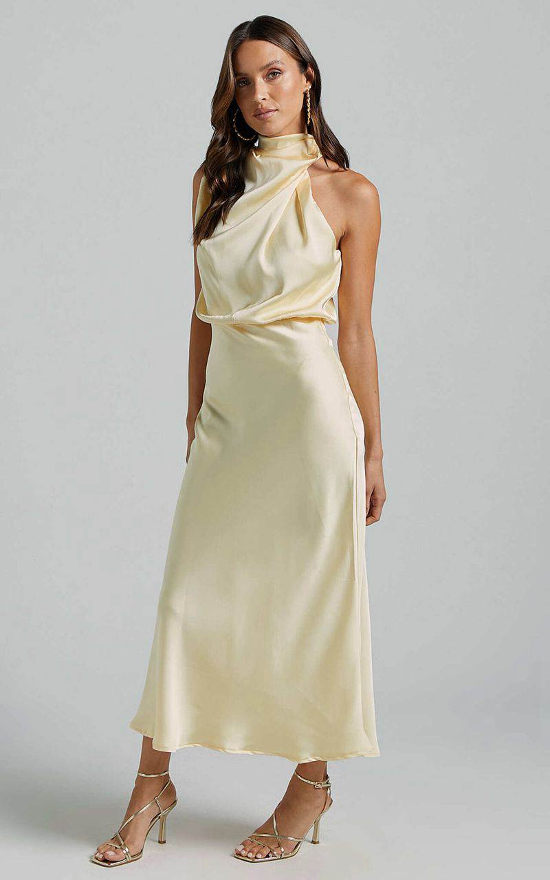 Showpo Minnie Midi Dress - Drape Neck Satin Slip Dress Butter Yellow | DUGSYC851