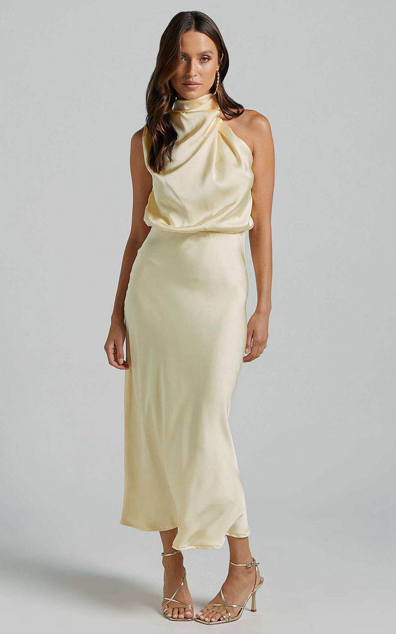 Showpo Minnie Midi Dress - Drape Neck Satin Slip Dress Butter Yellow | DUGSYC851