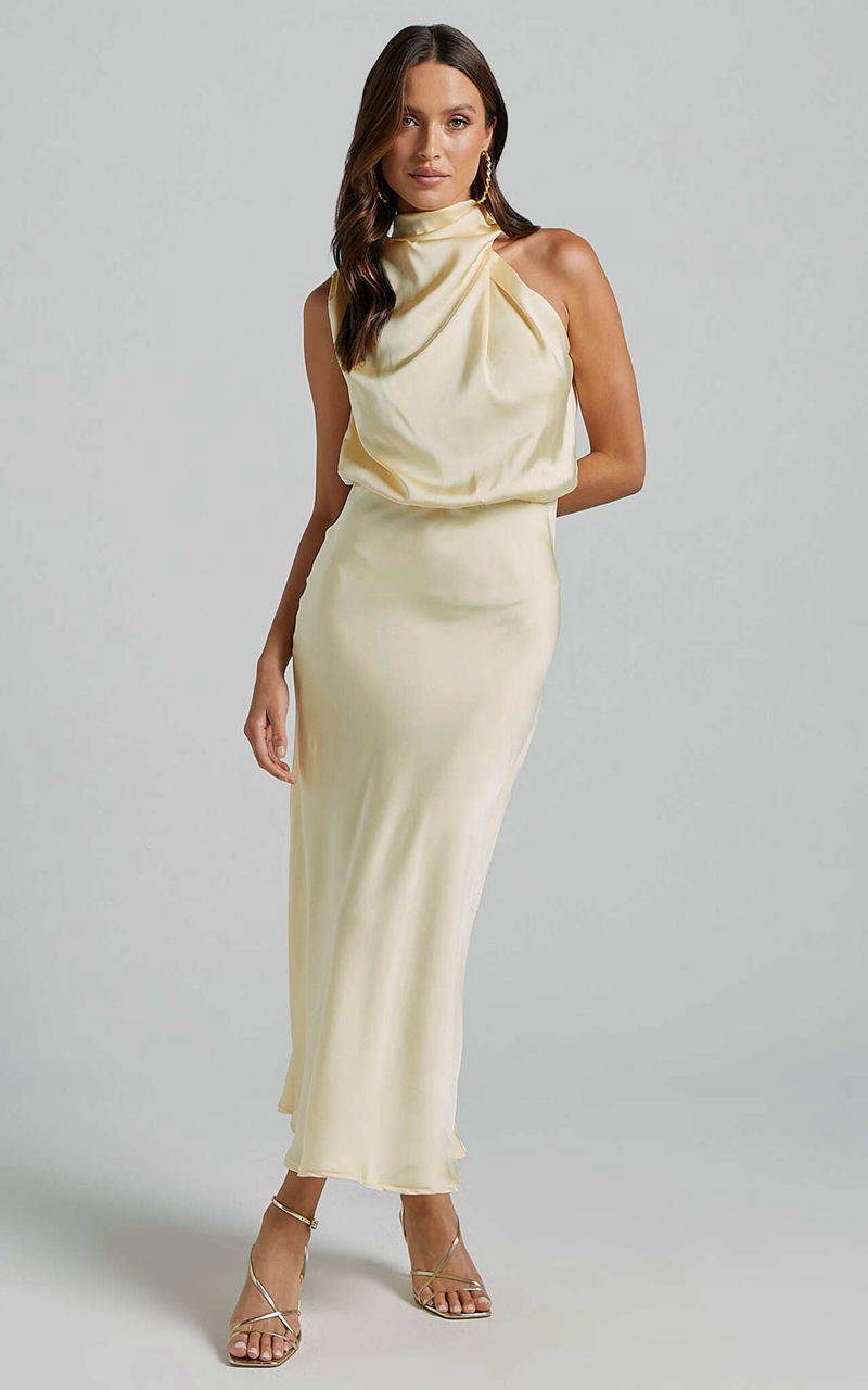 Showpo Minnie Midi Dress - Drape Neck Satin Slip Dress Butter Yellow | DUGSYC851