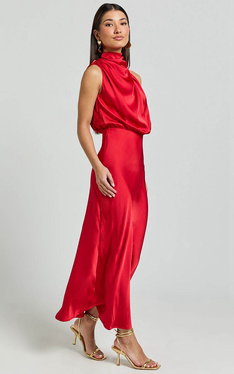 Showpo Minnie Midi Dress - Drape Neck Satin Slip Dress Red | GOPWTJ082