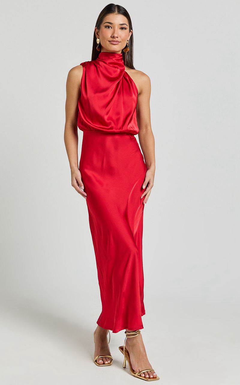 Showpo Minnie Midi Dress - Drape Neck Satin Slip Dress Red | GOPWTJ082