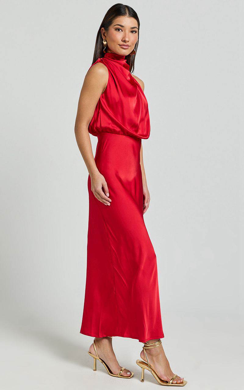 Showpo Minnie Midi Dress - Drape Neck Satin Slip Dress Red | GOPWTJ082