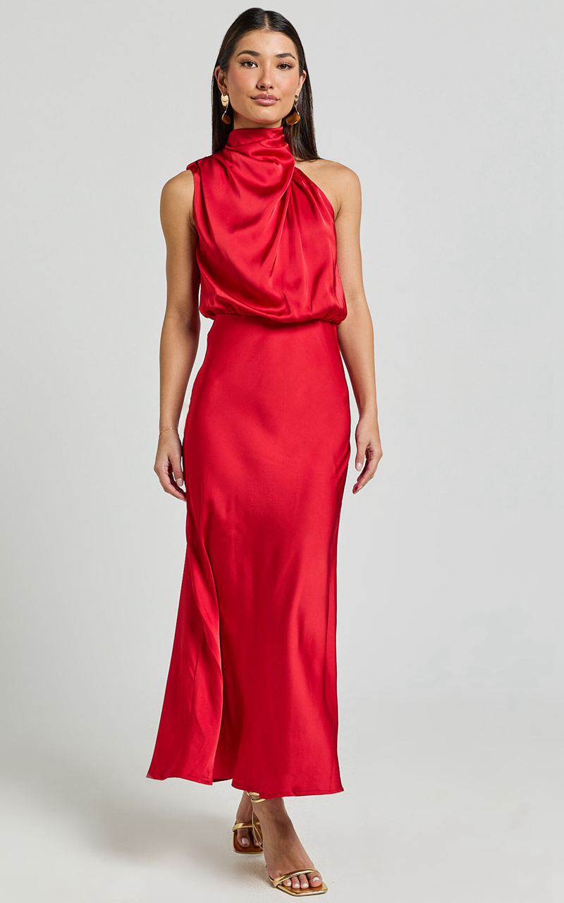 Showpo Minnie Midi Dress - Drape Neck Satin Slip Dress Red | GOPWTJ082