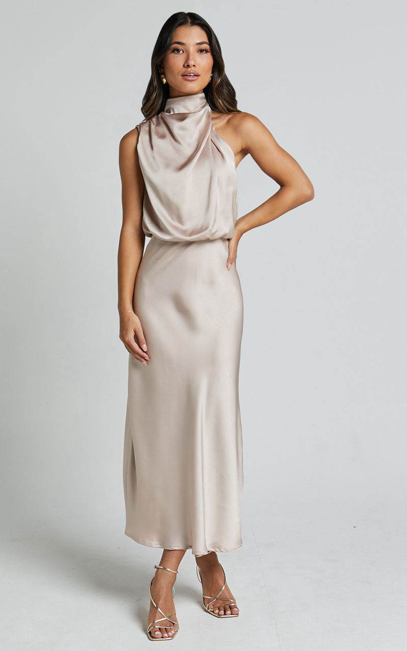 Showpo Minnie Midi Dress - Drape Neck Satin Slip Dress Champagne | PEWATY652