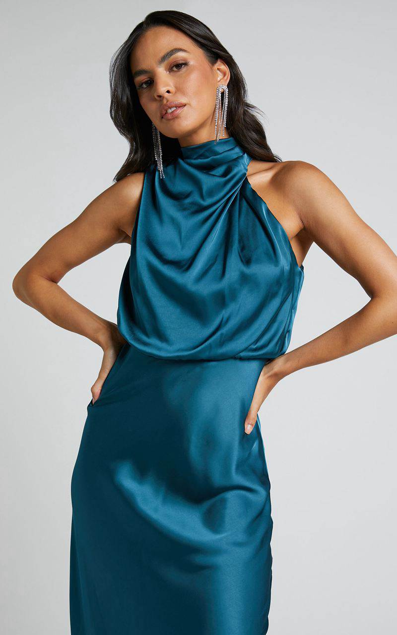 Showpo Minnie Midi Dress - Drape Neck Satin Slip Dress Teal | AGLFTJ930