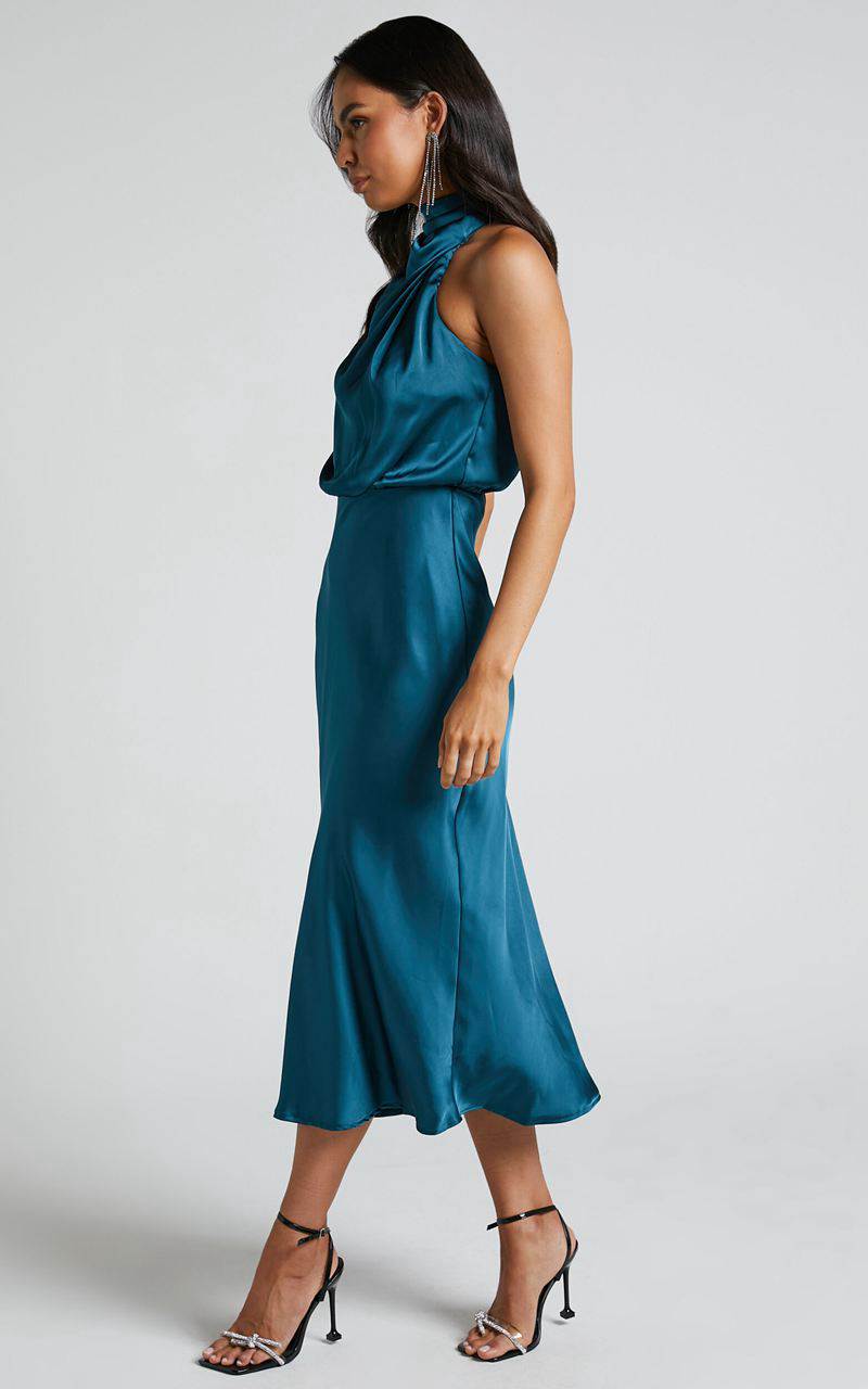 Showpo Minnie Midi Dress - Drape Neck Satin Slip Dress Teal | AGLFTJ930