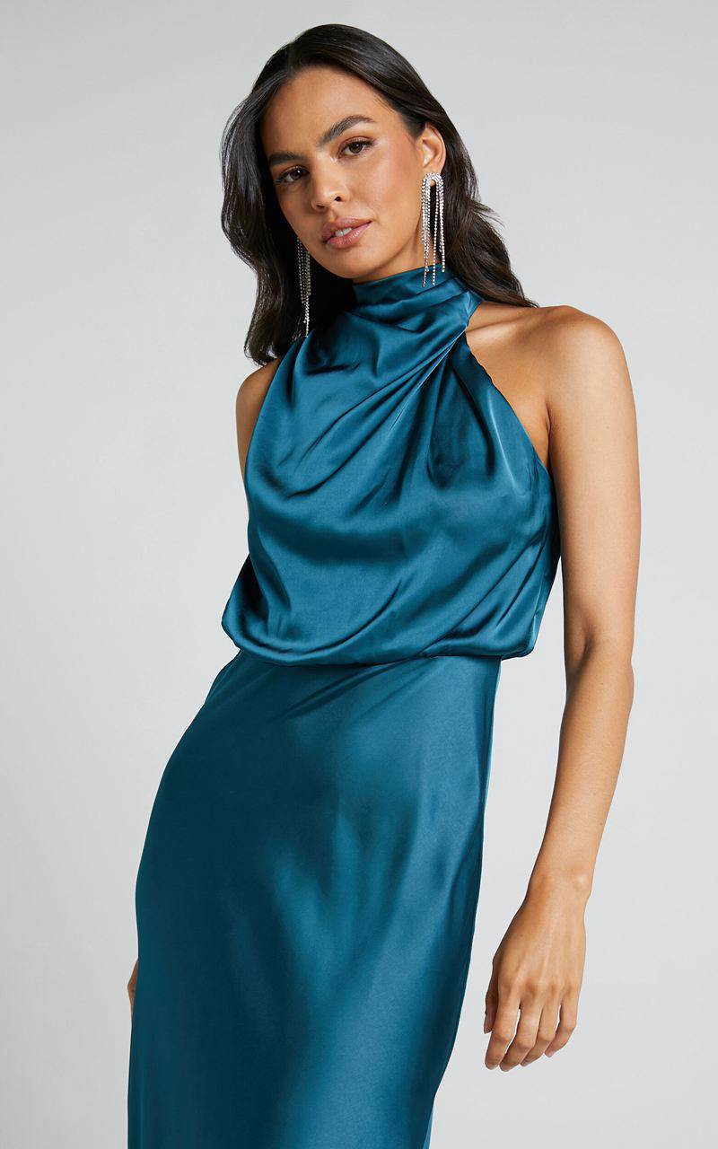 Showpo Minnie Midi Dress - Drape Neck Satin Slip Dress Teal | AGLFTJ930