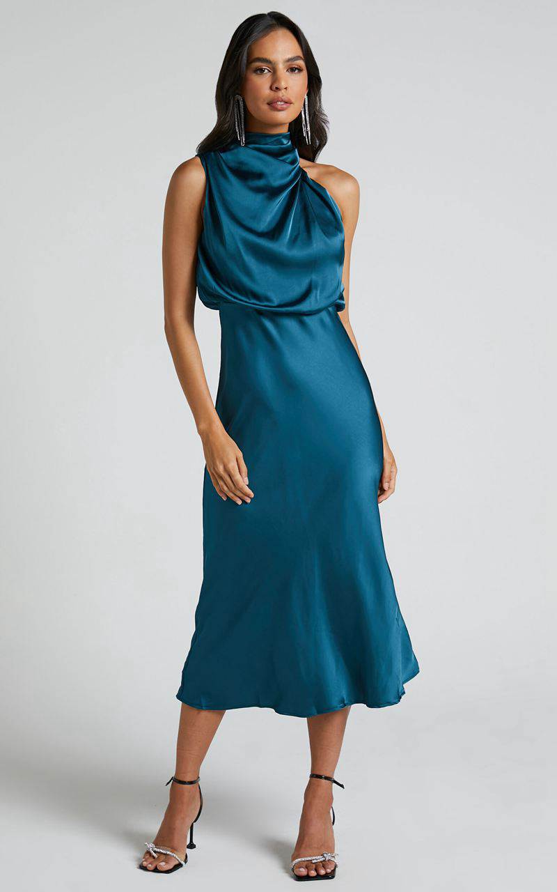 Showpo Minnie Midi Dress - Drape Neck Satin Slip Dress Teal | AGLFTJ930