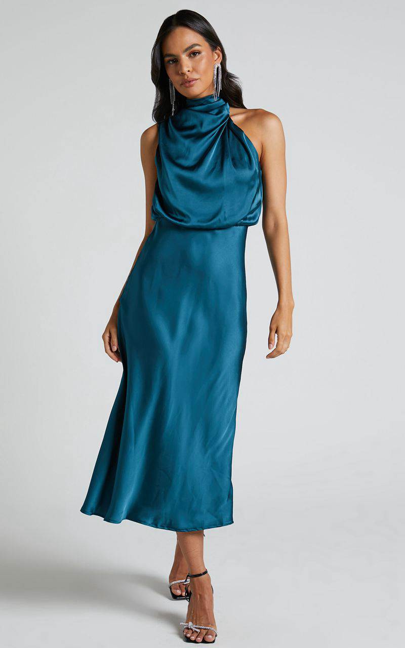 Showpo Minnie Midi Dress - Drape Neck Satin Slip Dress Teal | AGLFTJ930