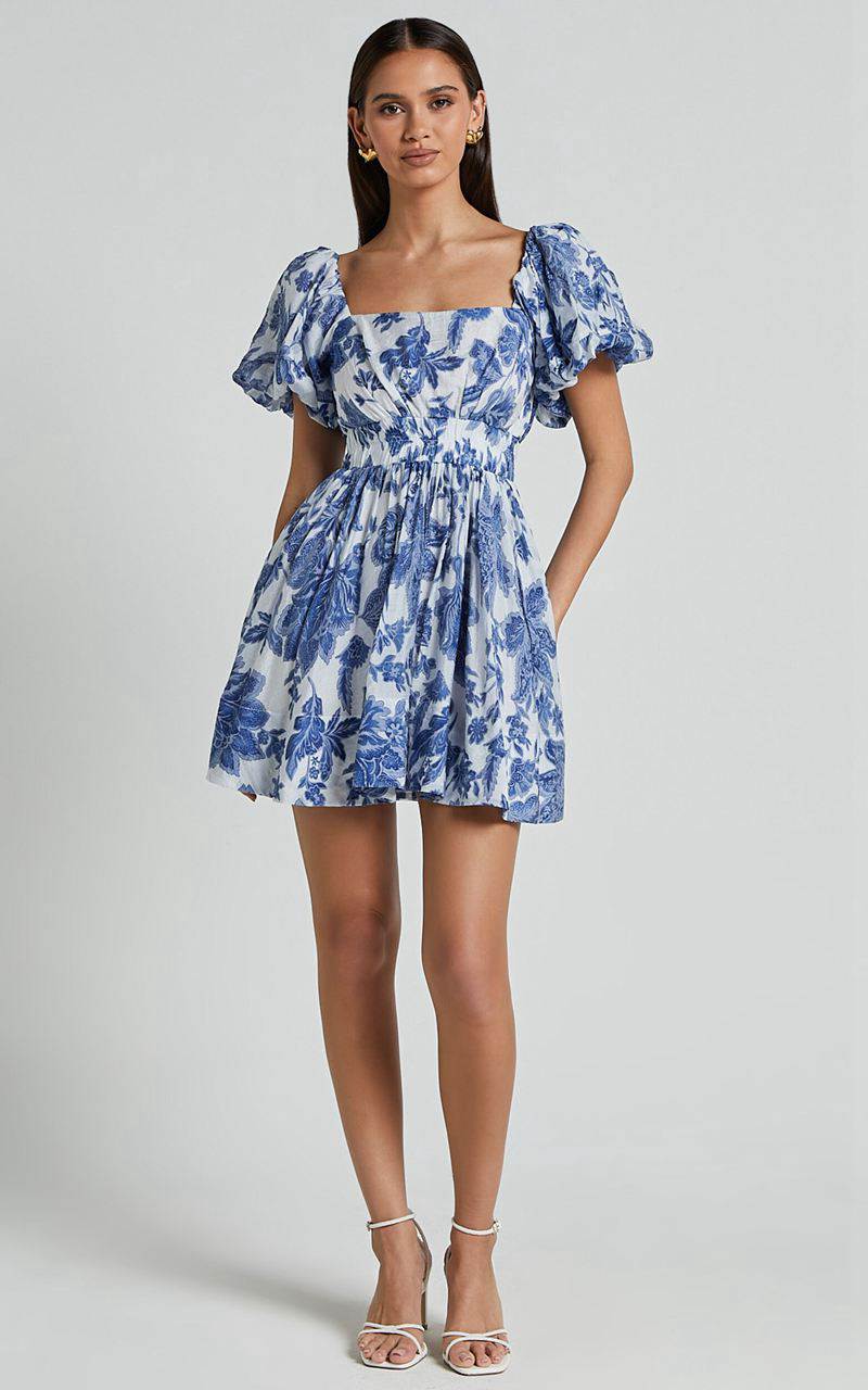 Showpo Mira Mini Dress - Square Neck Balloon Sleeve Dress Blue Floral | WILKCS198