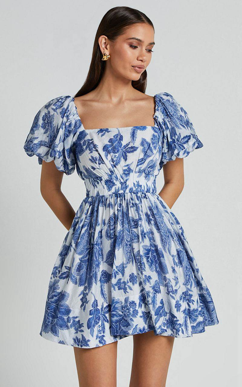 Showpo Mira Mini Dress - Square Neck Balloon Sleeve Dress Blue Floral | WILKCS198