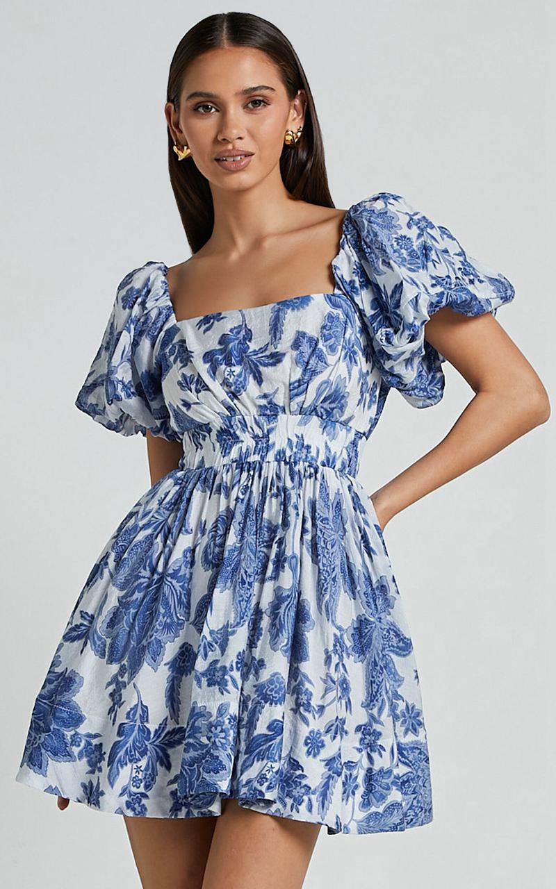 Showpo Mira Mini Dress - Square Neck Balloon Sleeve Dress Blue Floral | WILKCS198