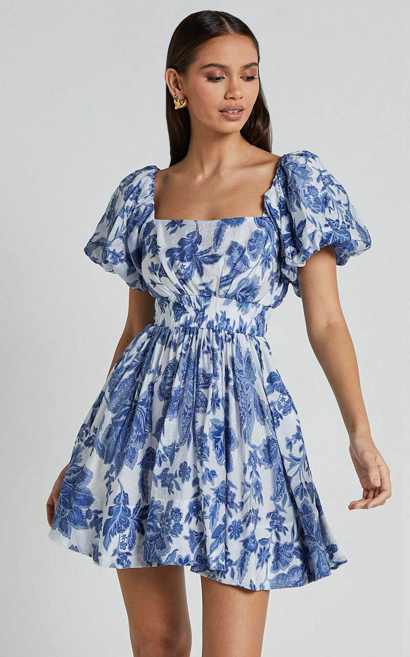 Showpo Mira Mini Dress - Square Neck Balloon Sleeve Dress Blue Floral | WILKCS198