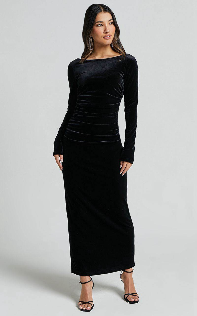 Showpo Mirabelle Midi Dress - Long Sleeve Back Cut Out Ruched Velvet Dress Black | GYOBFN147