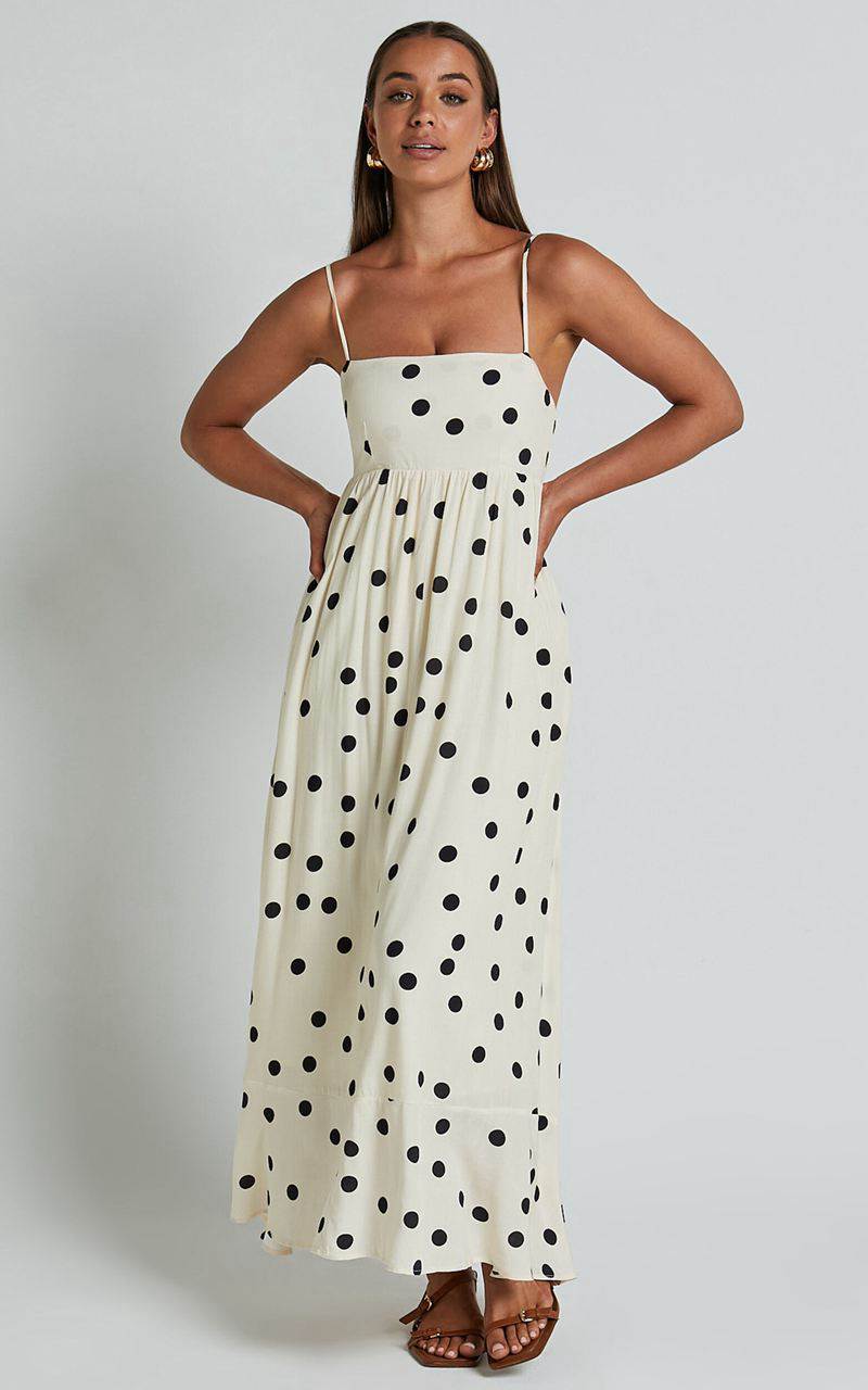 Showpo Miriam Midi Dress - Strappy Straight Neck A Line Dress Beige & Black Spot | YUDBPH293