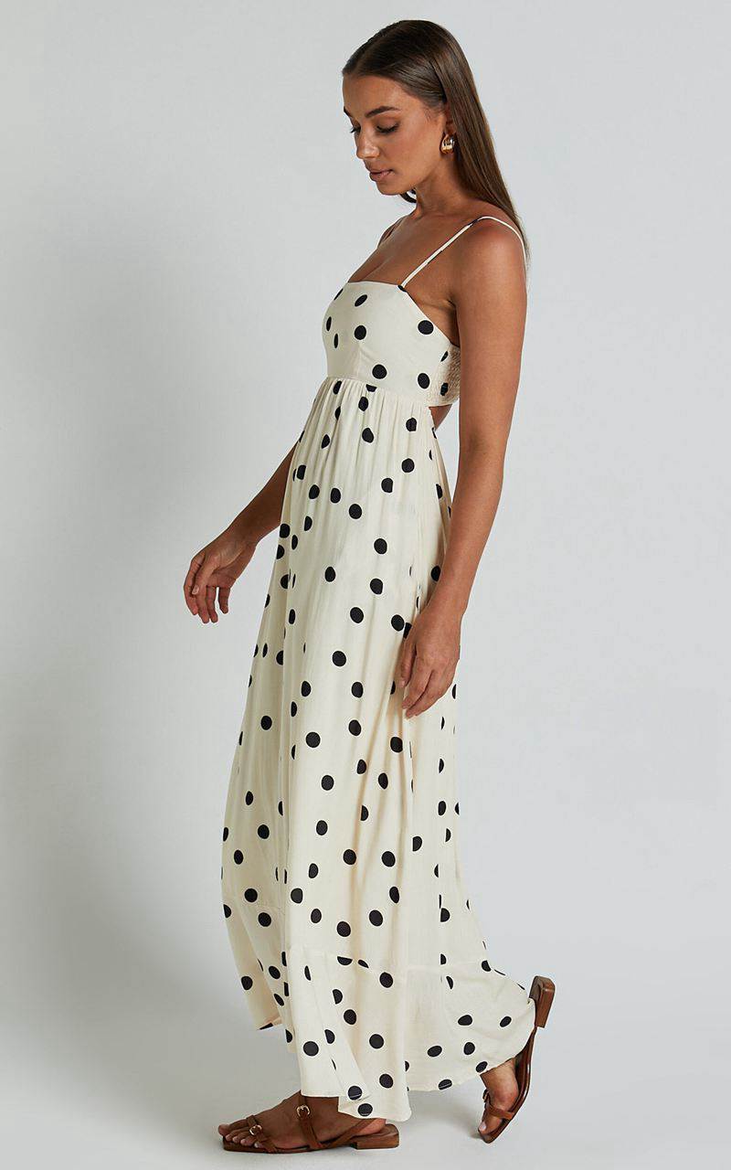 Showpo Miriam Midi Dress - Strappy Straight Neck A Line Dress Beige & Black Spot | YUDBPH293