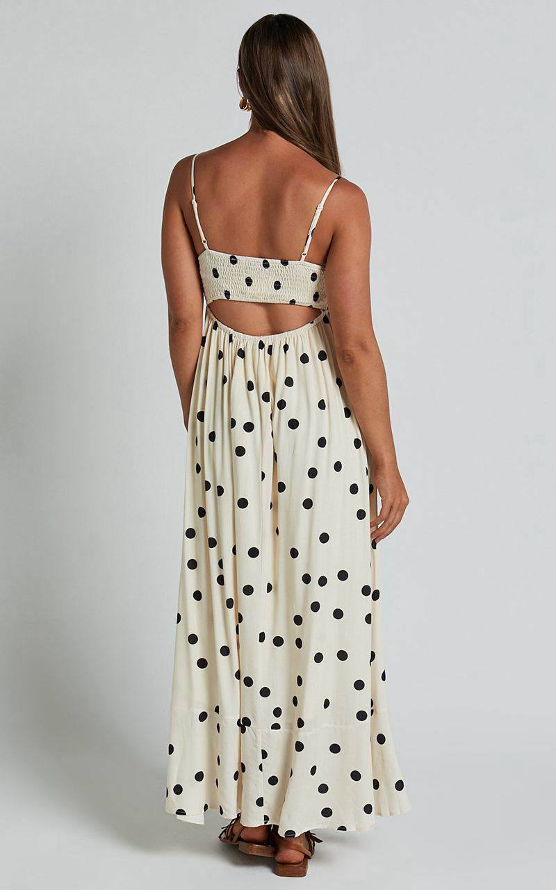 Showpo Miriam Midi Dress - Strappy Straight Neck A Line Dress Beige & Black Spot | YUDBPH293