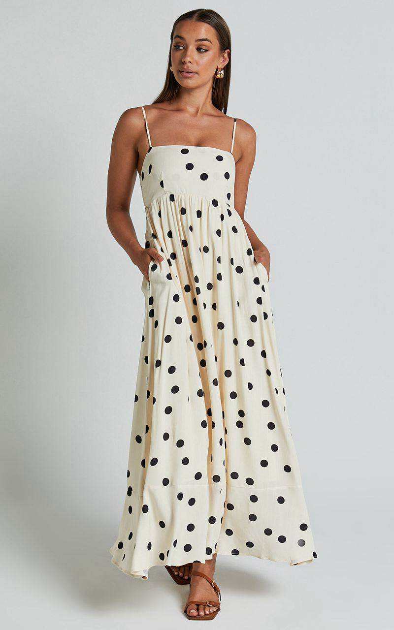 Showpo Miriam Midi Dress - Strappy Straight Neck A Line Dress Beige & Black Spot | YUDBPH293