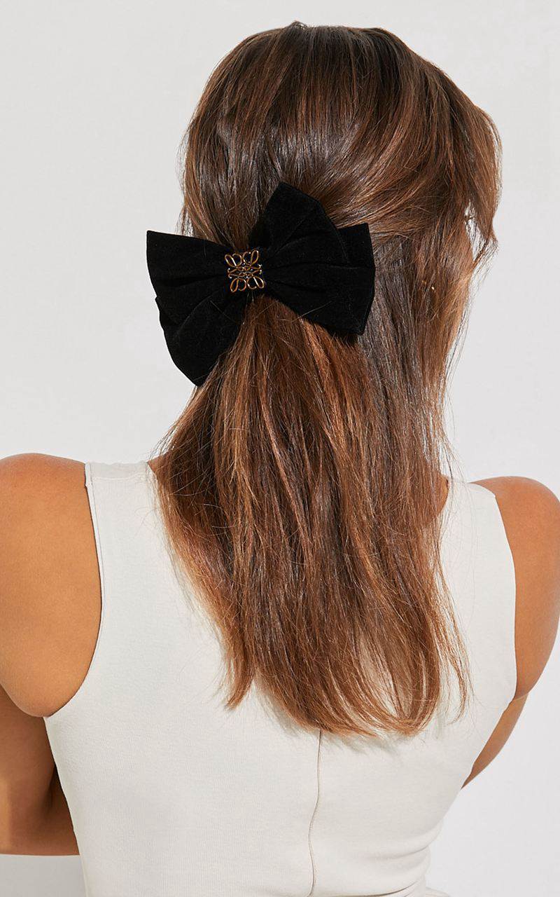 Showpo Mishka Hair Bow - Large Velvet Gold Detail Hair Bow Black | SMGCIR580