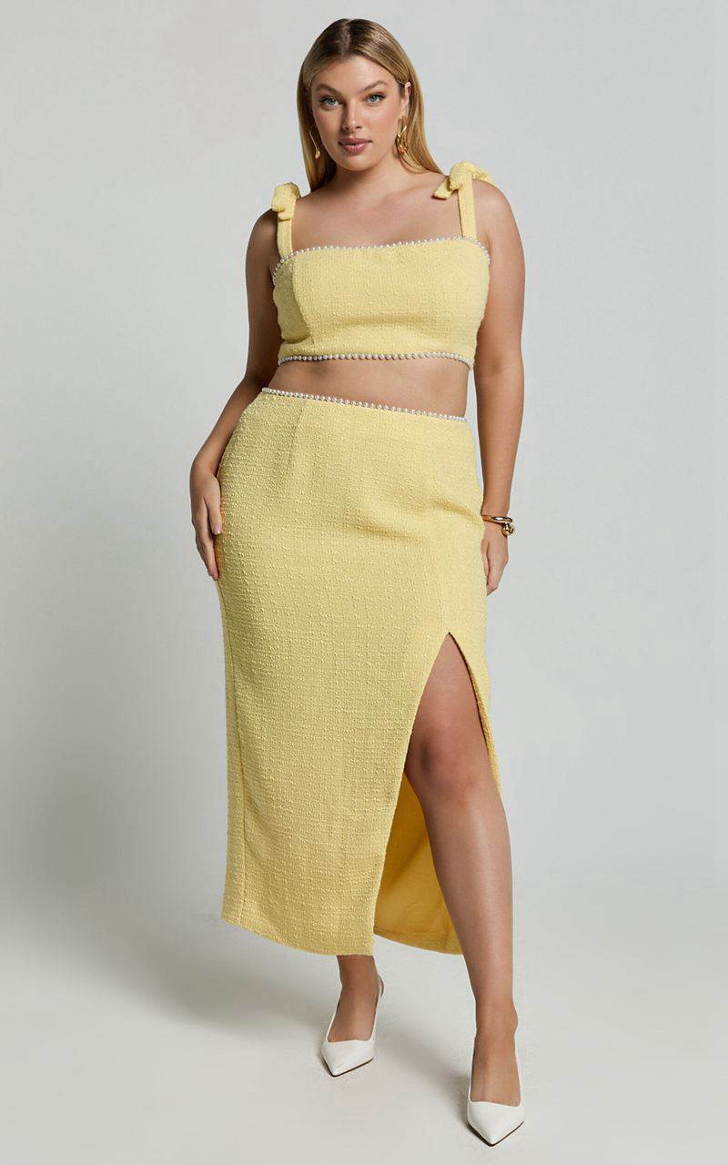 Showpo Mitzy Two Piece Set - Boucle Pearl Detail Crop And Faux Wrap Midi Skirt Set Lemon | LSUMKC483