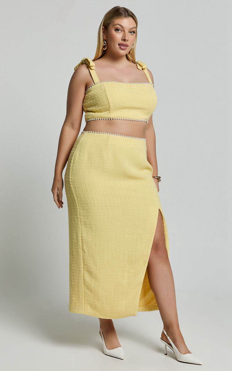 Showpo Mitzy Two Piece Set - Boucle Pearl Detail Crop And Faux Wrap Midi Skirt Set Lemon | LSUMKC483