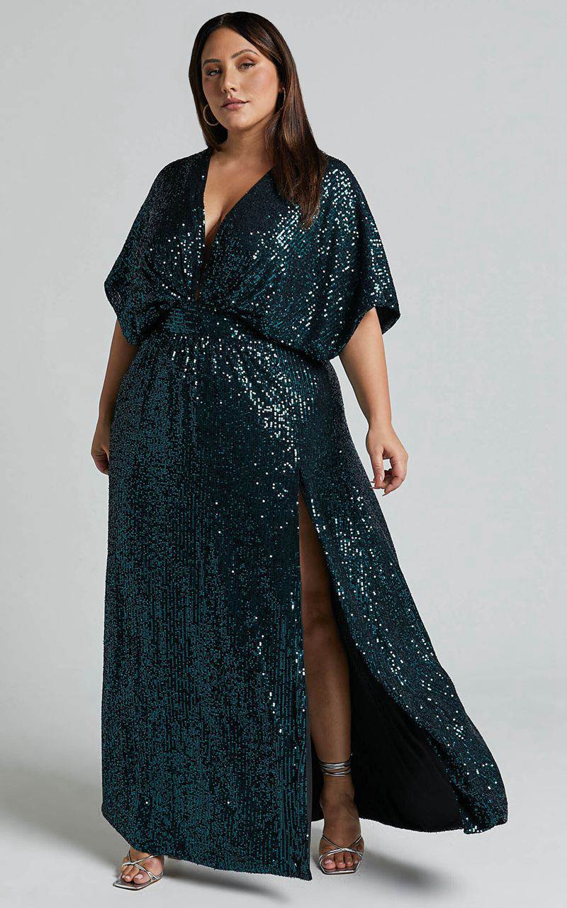 Showpo Miyah Maxi Dress - Sequin Plunge Short Sleeve Dress Emerald | XRWBFZ142