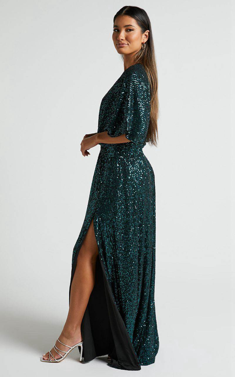 Showpo Miyah Maxi Dress - Sequin Plunge Short Sleeve Dress Emerald | XRWBFZ142