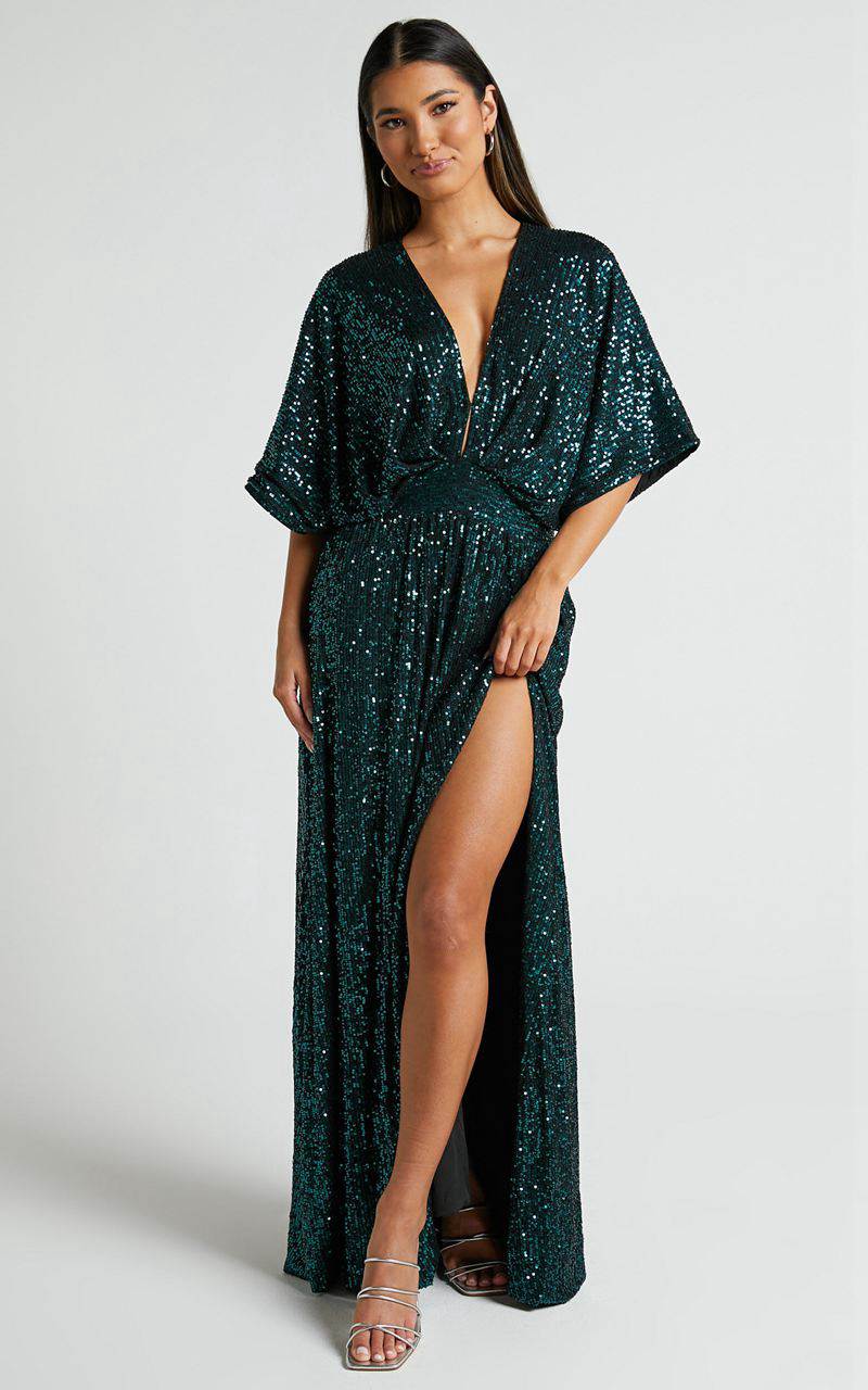 Showpo Miyah Maxi Dress - Sequin Plunge Short Sleeve Dress Emerald | XRWBFZ142