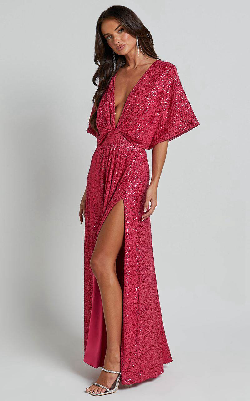 Showpo Miyah Maxi Dress - Sequin Plunge Short Sleeve Dress Pink | DXSFIE243