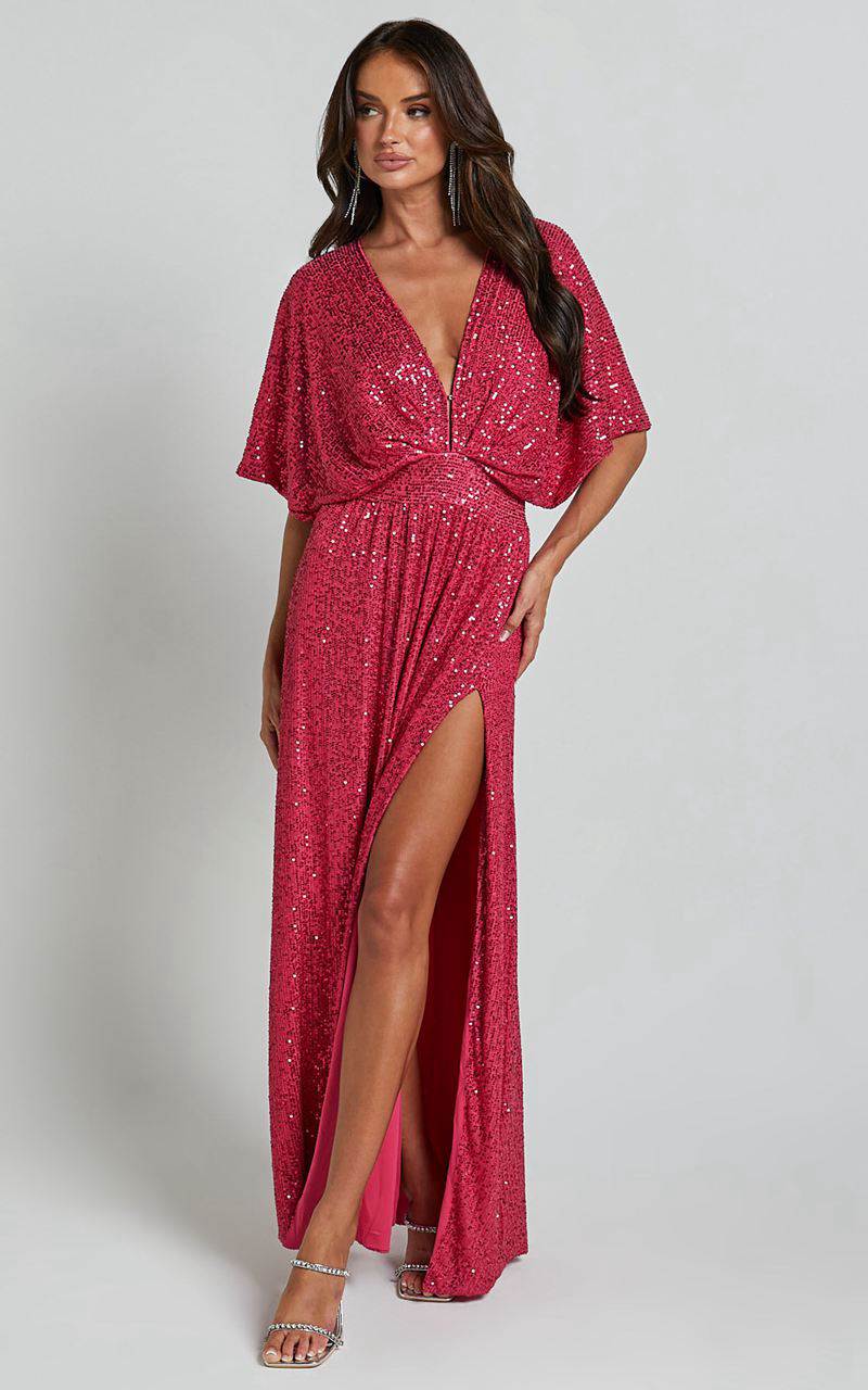 Showpo Miyah Maxi Dress - Sequin Plunge Short Sleeve Dress Pink | DXSFIE243