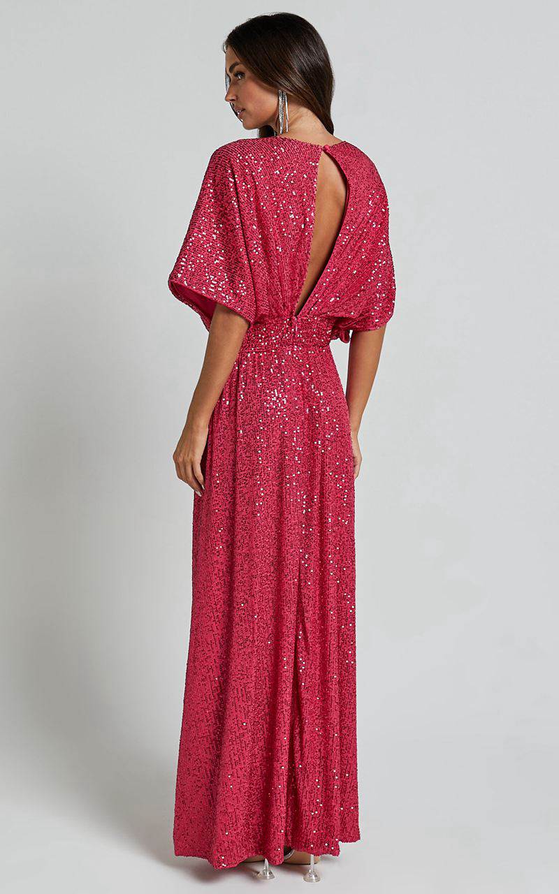 Showpo Miyah Maxi Dress - Sequin Plunge Short Sleeve Dress Pink | DXSFIE243